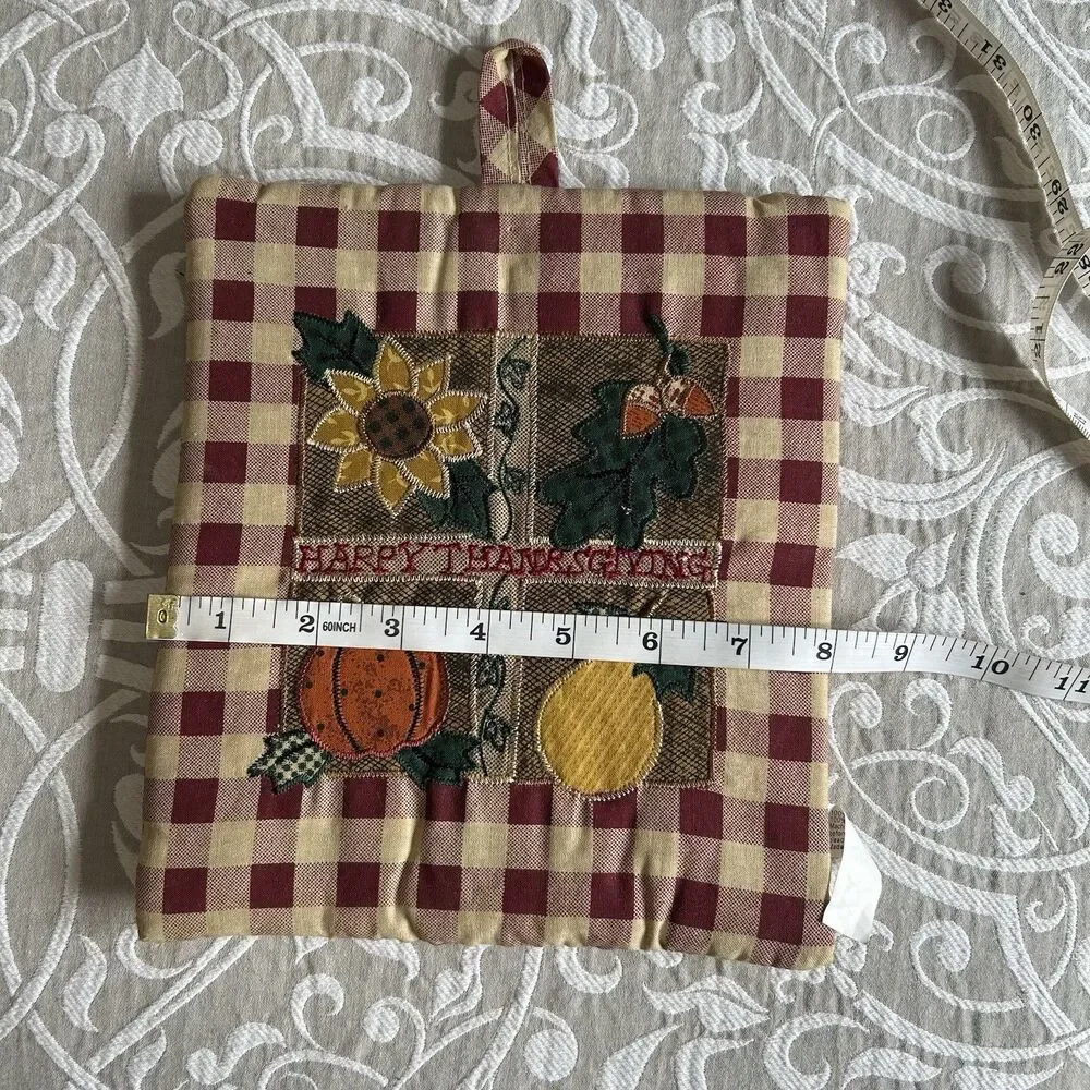 Table Runner Pot Holder Set Happy Thanksgiving Botanical Buffalo Check Maroon